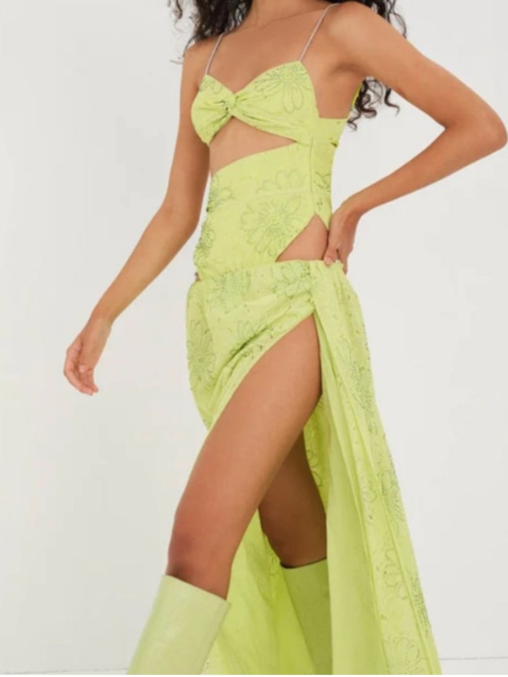 NWT For Love And Lemons Neon Lime Jeweled High Slit Skirt